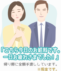 「こちら今日のお給料です。一日お疲れさまでした！」(帰り際に全額手渡ししています。※現金です。)