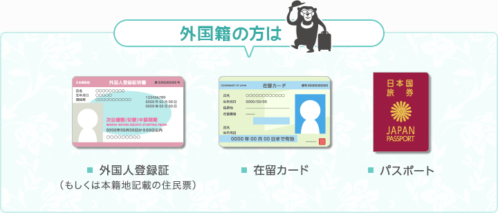 [外国籍の方は]・外国人登録証明書（もしくは本籍地記載の住民票）・在留カード・パスポート