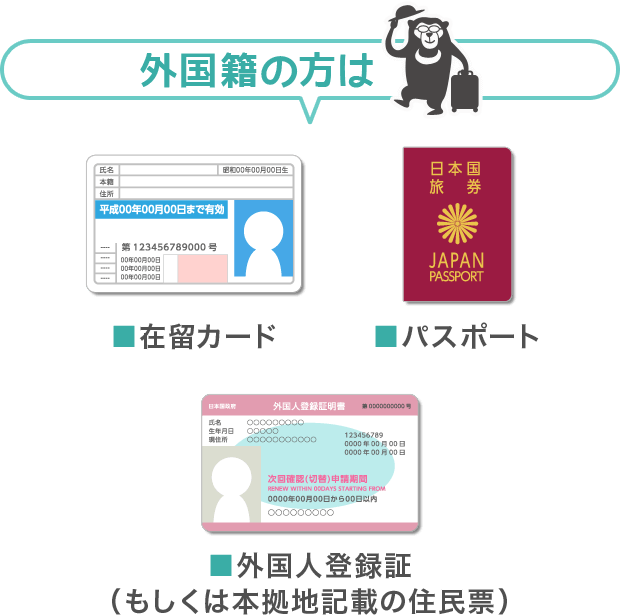 [外国籍の方は]・外国人登録証明書（もしくは本籍地記載の住民票）・在留カード・パスポート